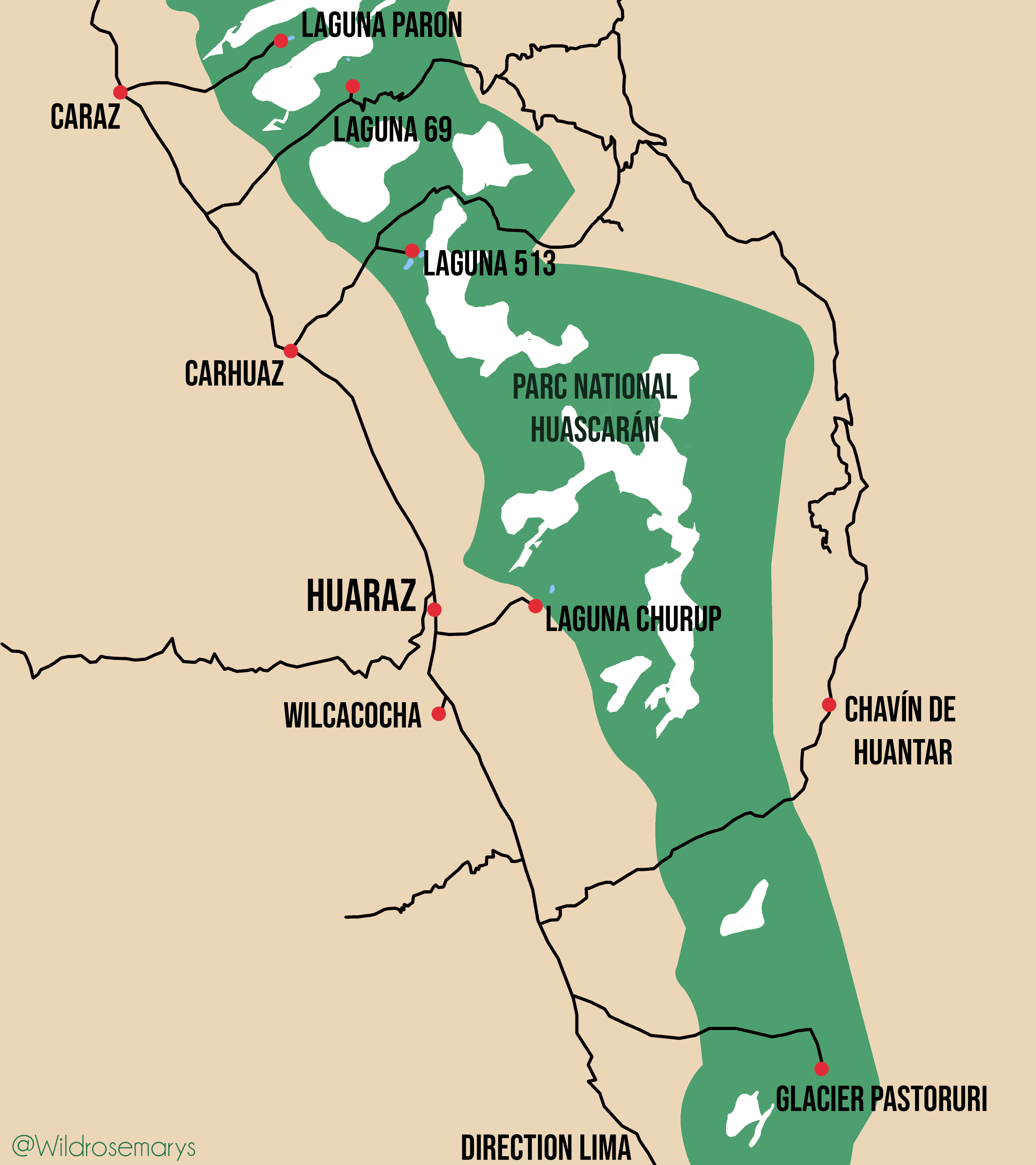 carte des randonnées autour de Huaraz Pérou
création wildrosemarys